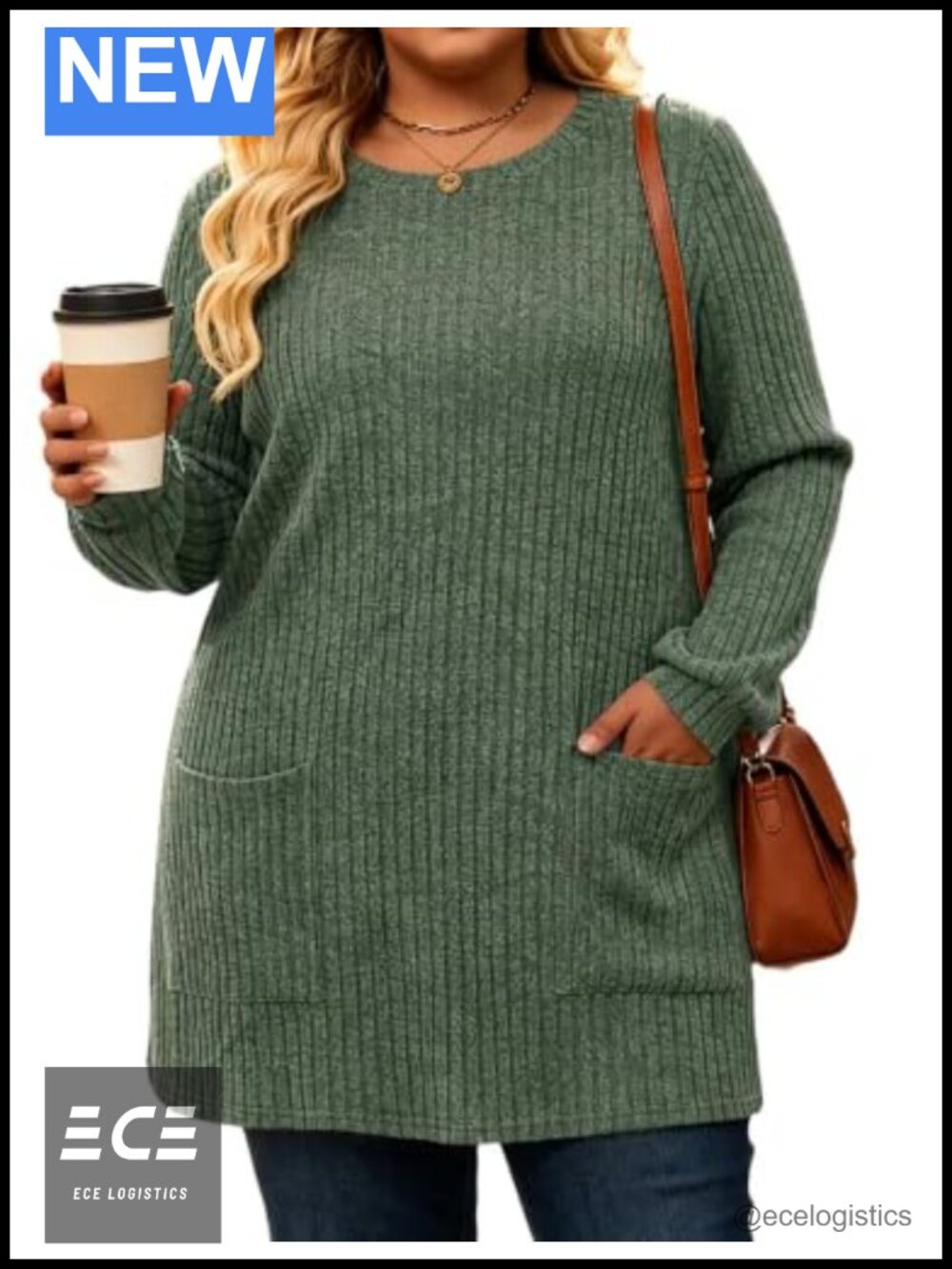 Plus Size Long Sleeve Ribbed Tunic Sweater with Pockets Lightweight Pullover
